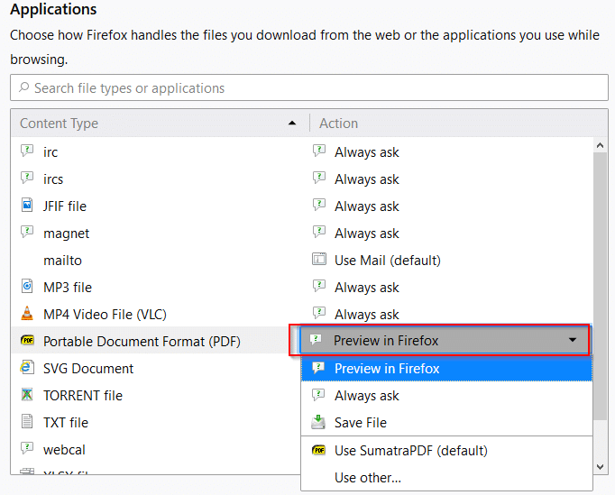 Applications settings for different file types in Firefox 