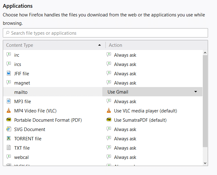 associating a default program with different file types in Firefox 