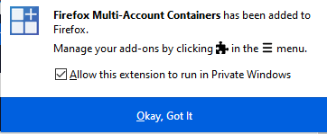 enable Firefox Multi-Account Containers to run in private window