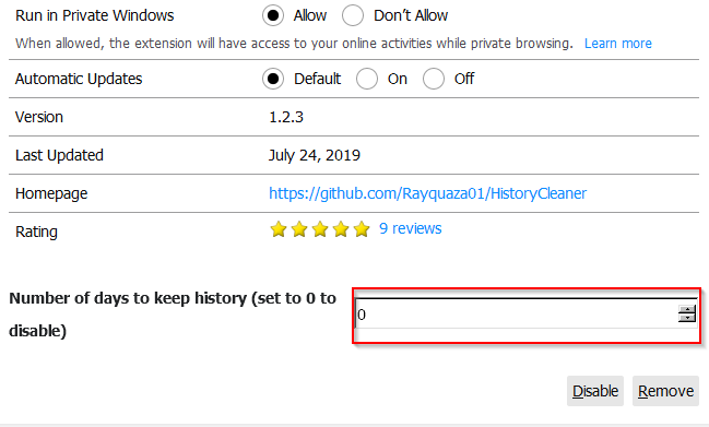 default setting is history deletion being off in History Cleaner add-on 