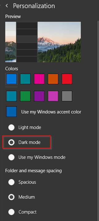 enabling Dark mode for Windows 10 Mail app