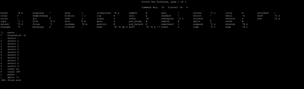 a list of key combinations for screen command