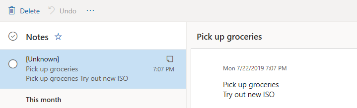 notes created in Sticky Notes synced with Outlook.com