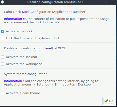 choosing dock and Xfce options in EmmabuntÃƒÂ¼s 