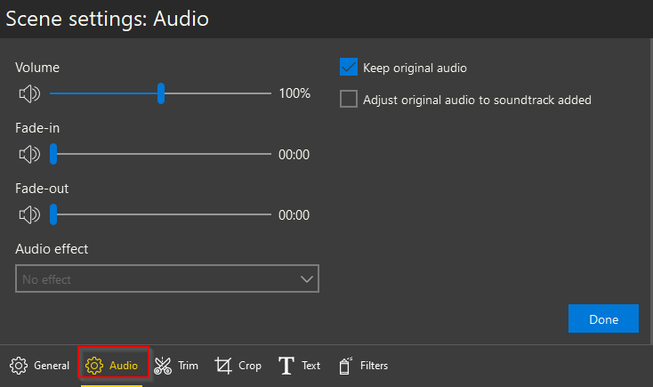 Audio settings in Icecream Video Editor