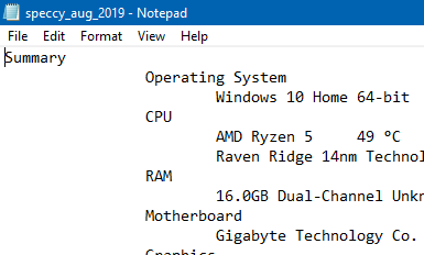 system information saved as text file using Speccy