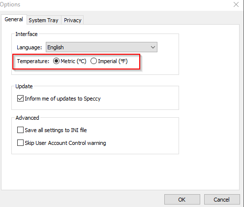 choosing the temperature display format in Speccy