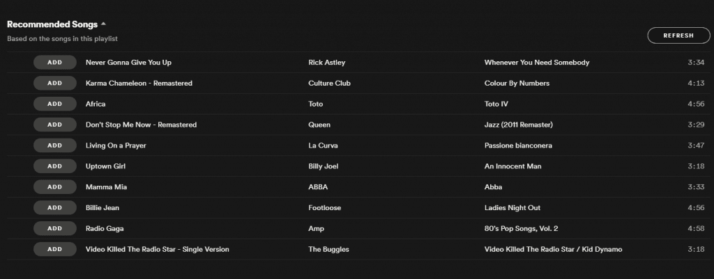 auto recommendation of similar songs based on playlist in Spotify desktop app