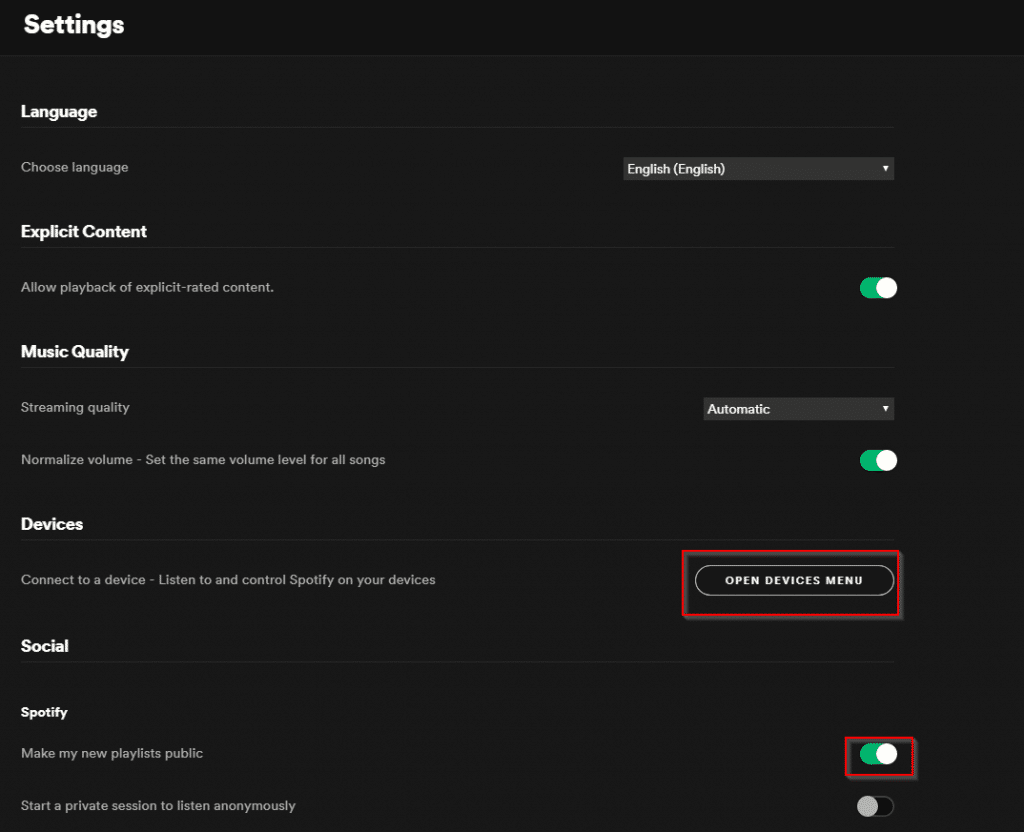 configuring various Spotify desktop app settings 