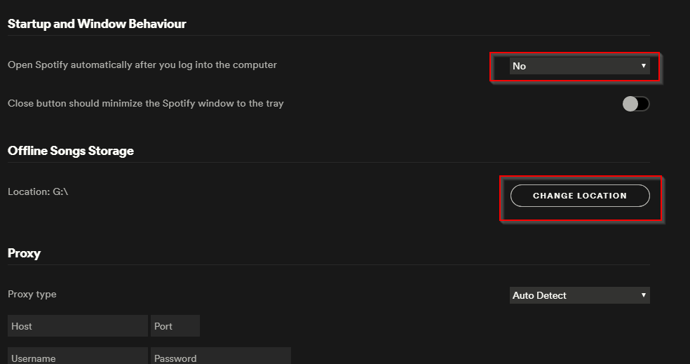 configuring start-up behavior and changing local data location for Spotify desktop app