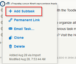 adding a subtask to tasks in Toodledo