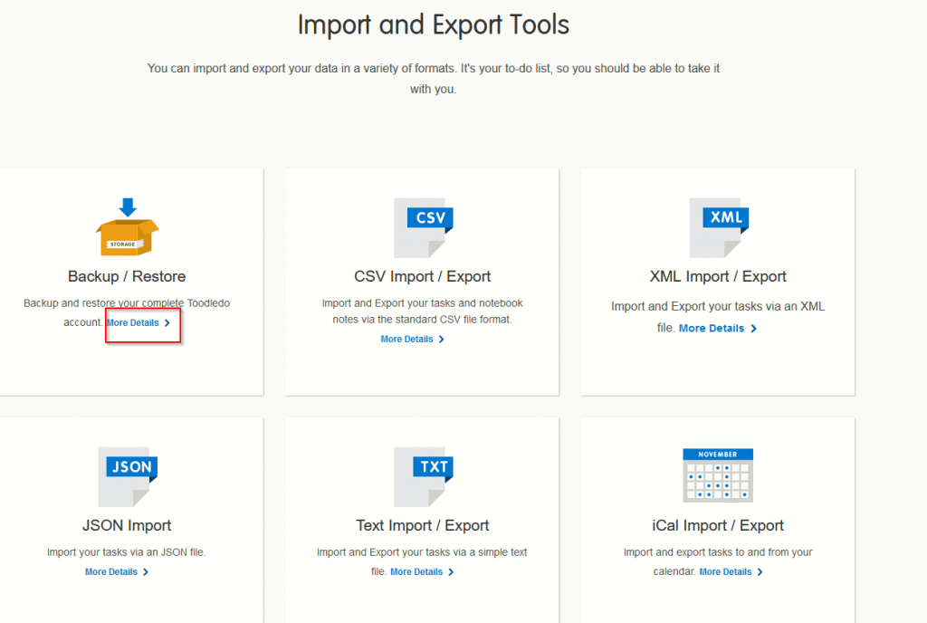 backup and restore options in Toodledo