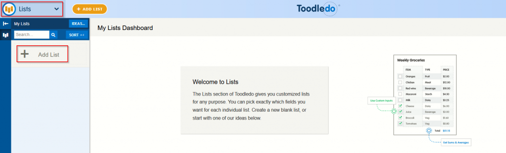 adding lists in Toodledo