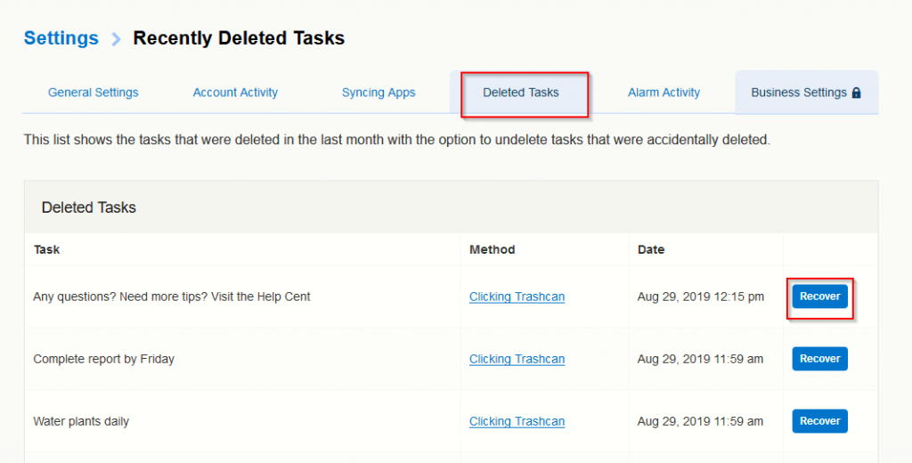 a list of deleted tasks in Toodledo