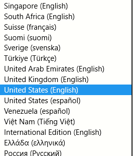 a list of various regions and languages for which the suggested content can be enabled in Edge browser