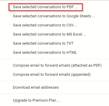 choosing conversion format as PDF for saving Gmail messages