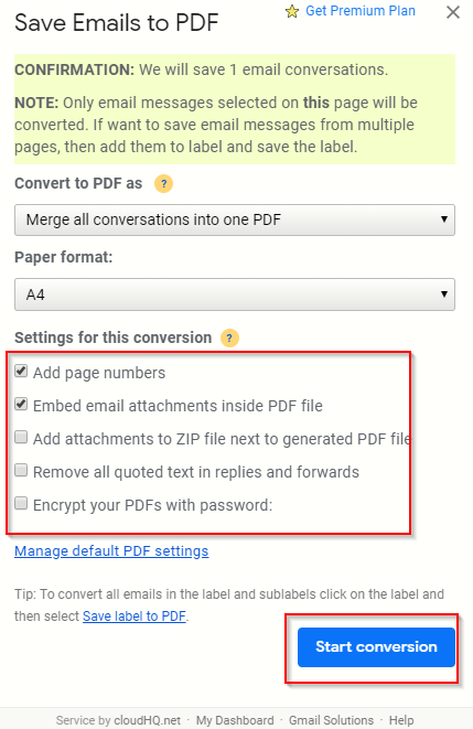 choosing conversion options for saving Gmail messages to PDF files