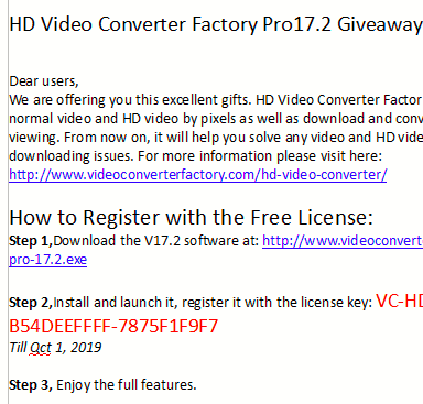 license file with link to download setup and the license key for HD Video Converter Factory Pro 