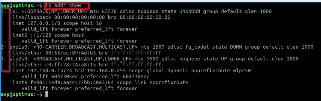 list the network interfaces using the ip command