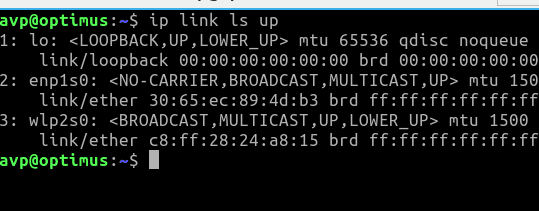 showing active and enabled network interfaces using the ip command in Linux