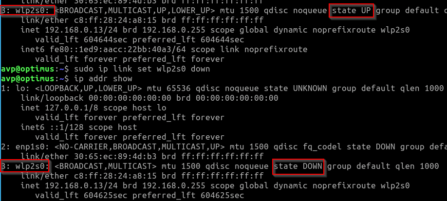 disabling a network interface using the ip command in Linux