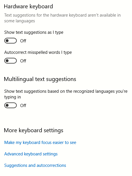 Hardware keyboard settings in Windows 10