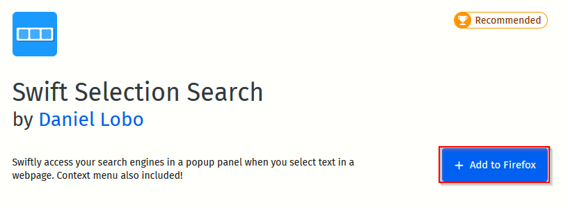 Swift Selection Search Firefox add-on page