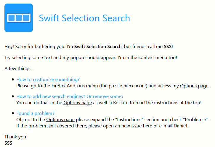 Swift Selection Search welcome screen after installation