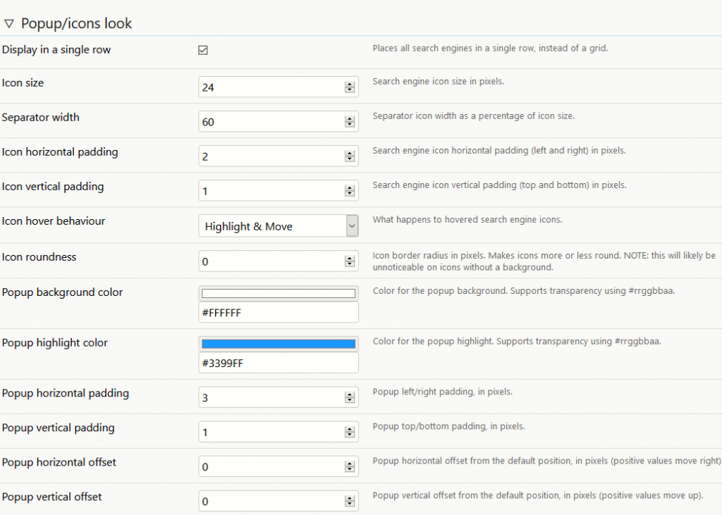 changing popup display settings in Swift Selection Search