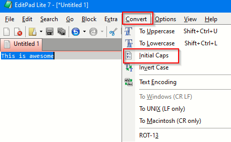 convert text to uppercase, lowercase or initial caps in EditPad Lite