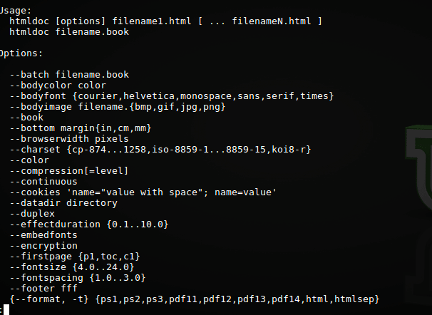 using the --help parameter to get a list of functions for htmldoc