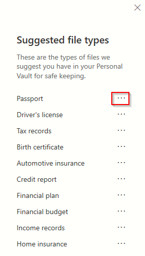 a list of suggested file types that can be kept in Personal Vault
