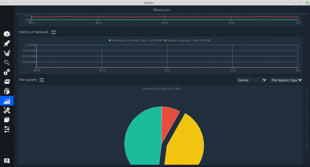 network and file system usage displayed as line graph and pie chart in Stacer 