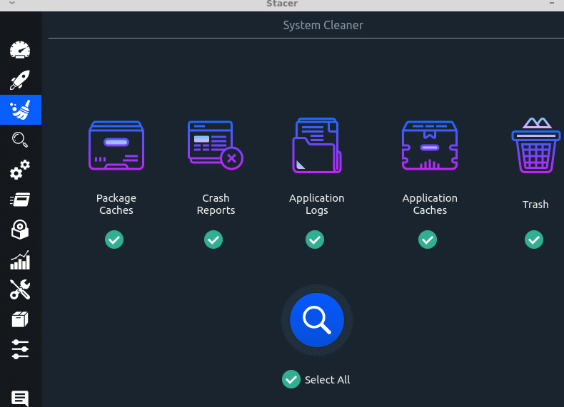 deleting cache files and trash to free up space using Stacer 