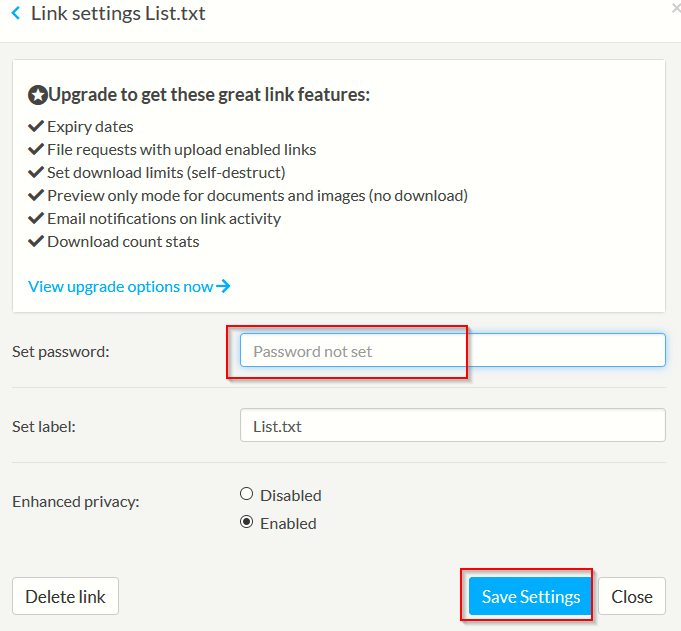 setting a password for shareable download link in Sync 