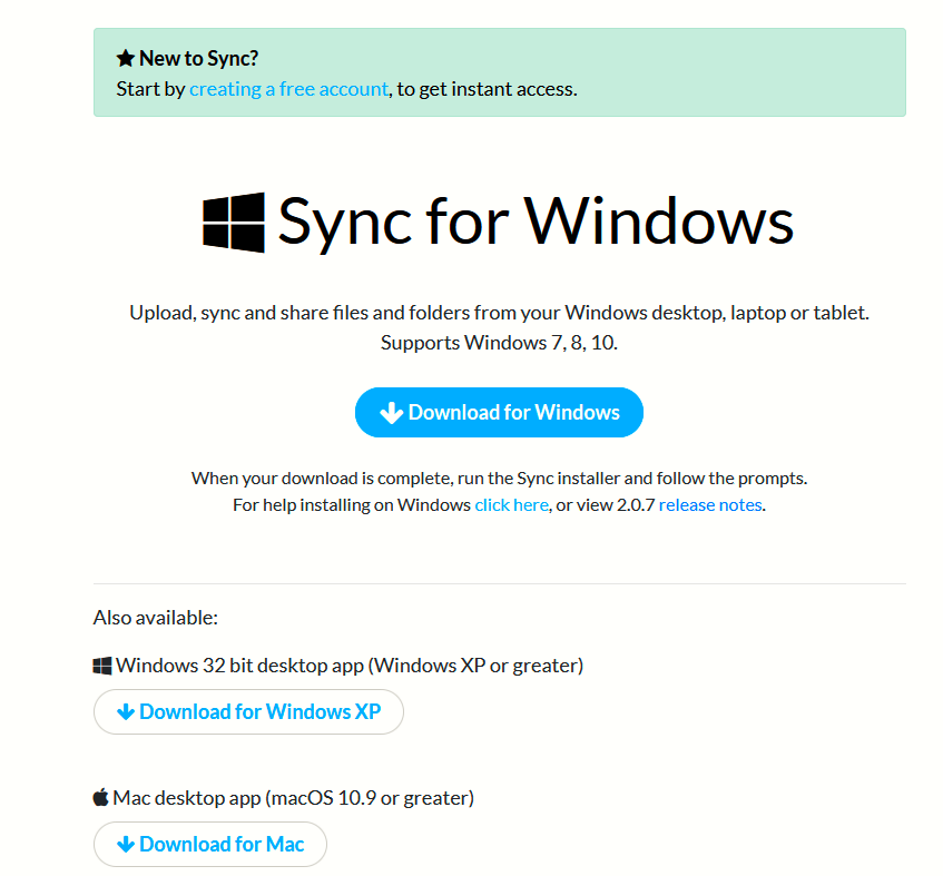 Sync desktop client installation page 