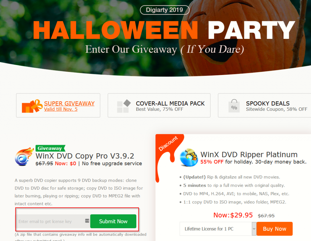 WinX DVD Copy Pro Halloween 2019 giveaway page