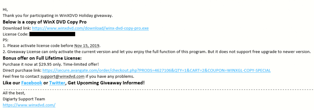 email with setup and license key for WinX DVD Copy Pro giveaway