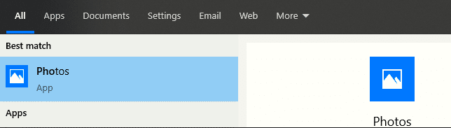 searching for Photo app in Windows 10