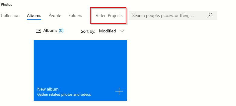 creating a new video project in Photo app for Windows 10