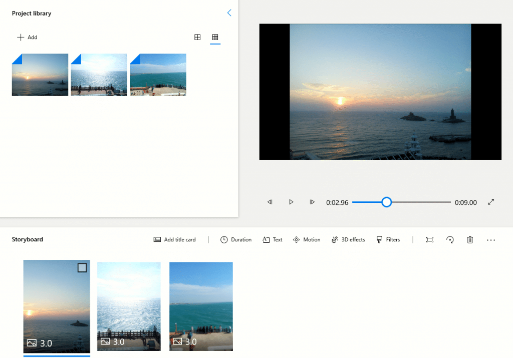 previewing placed photos and video clips from storyboard in Photo app for Windows 10