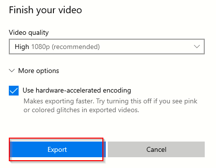 changing video quality settings before exporting it using Photo app for Windows 10