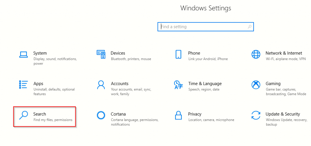 accessing Windows 10 search settings