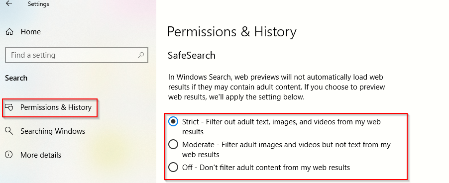 configuring safesearch options in Windows 10