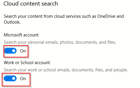 disable searching in personal accounts when using windows 10 search