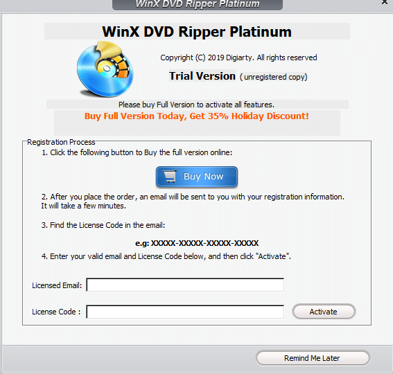 registering WinX DVD Ripper Platinum giveaway copy