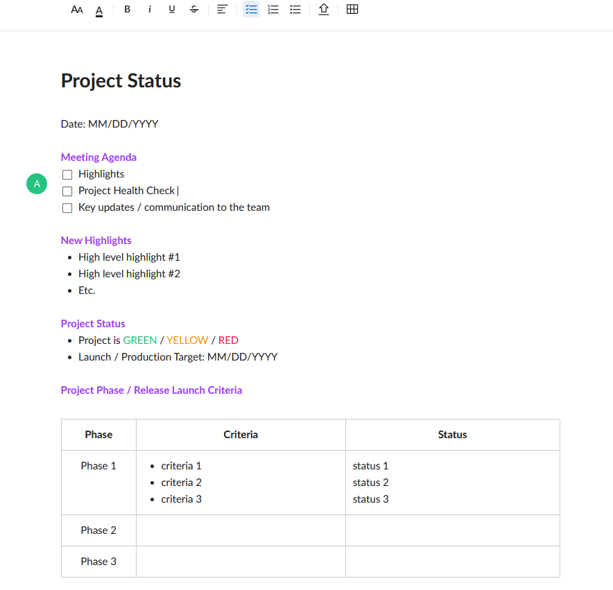 project status template for Box Notes