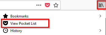 accessing pocket list through firefox bookmarks and library icon