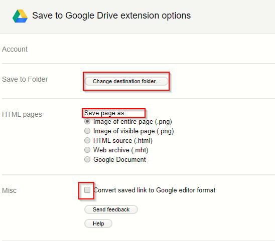 changing how web pages are saved to Google Drive using Save To Google Drive extension and other options