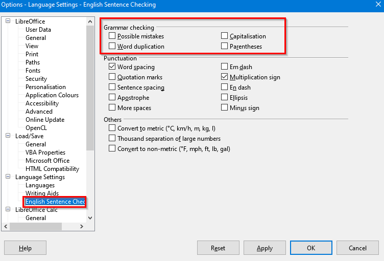 Libre Office Calc grammar options